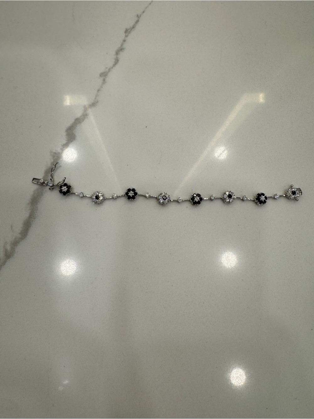 CZ and onyx Silver Floral Link Bracelet